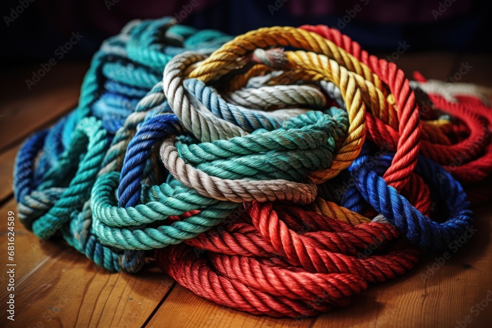  a pile of colorful rope sitting on top of a wooden floor on top of a wooden floor next to a blue and red rope on top of a wooden floor.