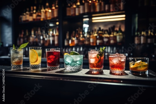  a row of glasses sitting on top of a bar filled with different types of drinks on top of a wooden bar top next to a shelf with bottles of liquor.