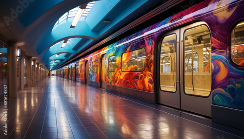 Modern subway train speeds through underground, illuminating futuristic architecture generated by AI © djvstock