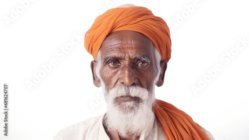 An solo photograph of an Indian man at a temple against a pure white background