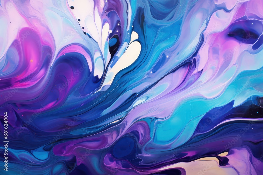  an abstract painting of blue, purple, and white swirls on a black and white background with space in the middle of the image to the bottom right of the image.