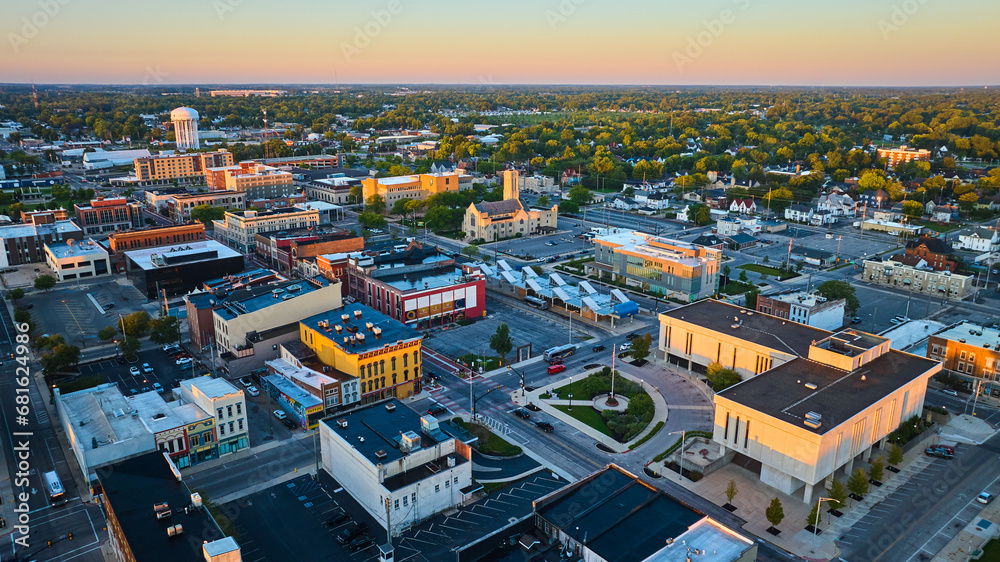 Delaware County Court Administration courthouse building aerial of Muncie city at dawn