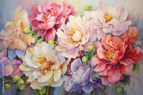  a painting of a bunch of flowers on a blue and pink background with white and pink flowers in the middle of the painting and the bottom half of the painting.