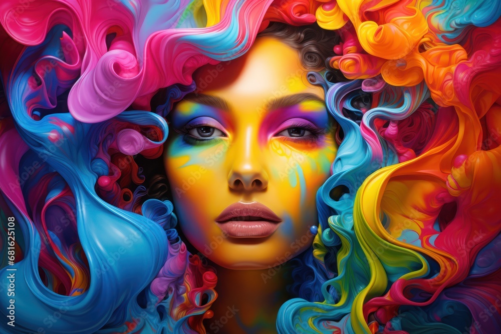 a digital painting of a woman's face with multicolored hair and make - up on top of her face and the image of the woman's face. a digital painting of a woman's face with multicolored hair and make - up on top of her face and the image of the woman's face.