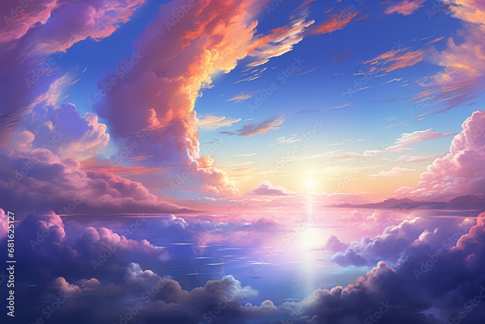  a painting of a sunset over a body of water with clouds in the foreground and a bright sun in the middle of the sky, with a few clouds in the foreground.