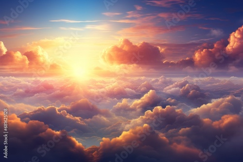  the sun shines brightly through the clouds in this painting of a sunset over a large body of water in the middle of a blue sky with white fluffy clouds.