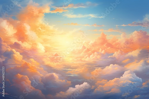 a painting of a sky with clouds and the sun in the middle of the sky and a plane in the middle of the sky with the sun in the middle of the clouds.