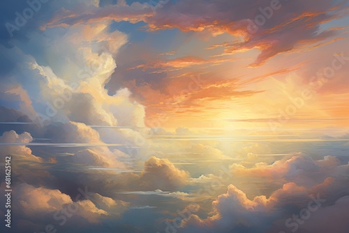  a painting of a sunset with clouds and a plane in the sky with the sun shining through the clouds and a plane in the sky with the sun in the clouds.