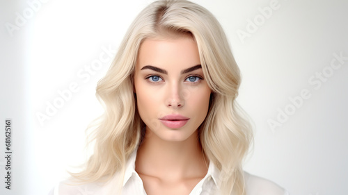 Beautiful elegant blond woman in close-up photo, set against a stark white background.