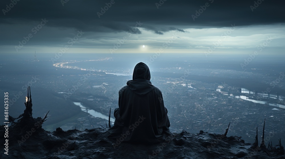 a person sitting on a hill looking at a city
