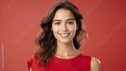 Smiling woman with brown eyes against a red wall photo