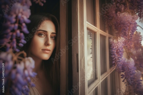 Girl looking over the window covered with purple wisteria plant. Reflective woman dreaming at the window with violet flower. Generate ai photo