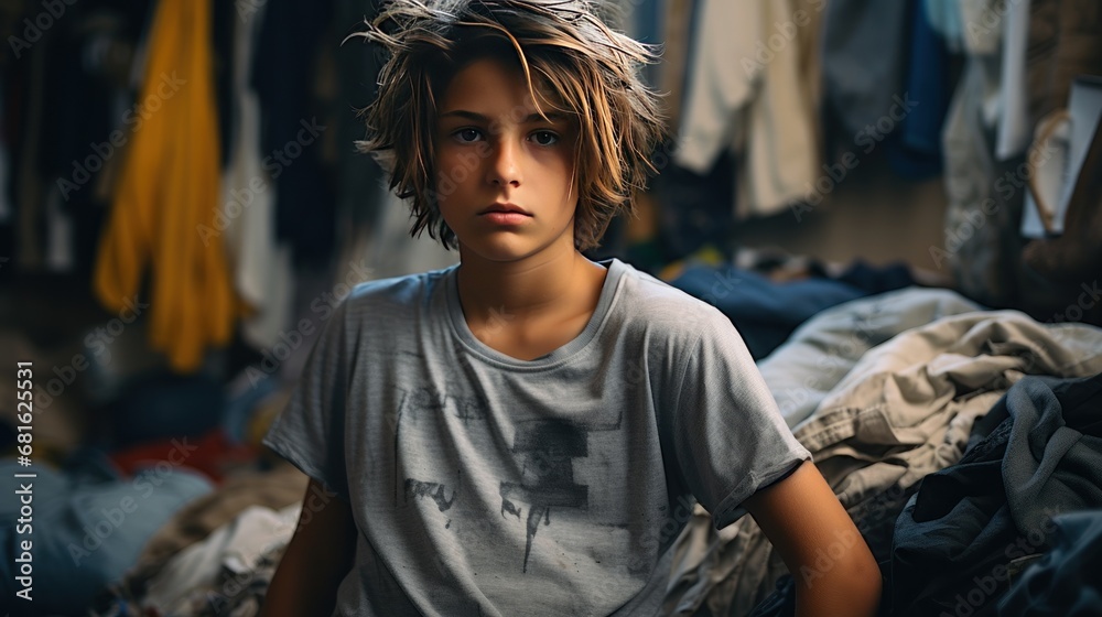 Young boy with messy hair sitting on the bed