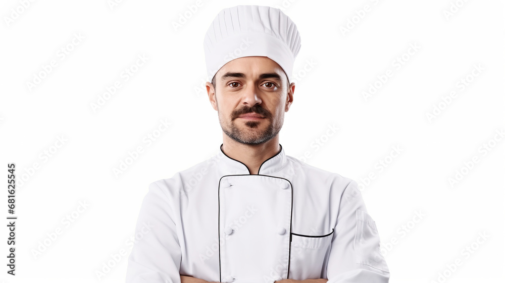 Isolated guy chef cooking in a restaurant kitchen against a stark white background Isolated guy chef cooking in a restaurant kitchen against a stark white background