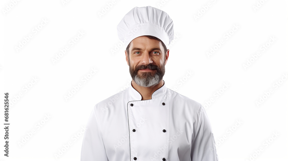 Isolated guy chef cooking in a restaurant kitchen against a stark white background Isolated guy chef cooking in a restaurant kitchen against a stark white background