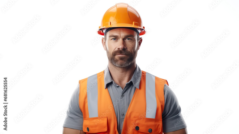 An isolated male builder in a uniform against a stark white background An isolated male builder in a uniform against a stark white background