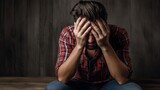 Portrait Stressed man Facing Mental Health Struggles,hands on face , Emotional guy