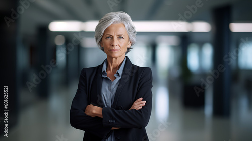 A mature beautiful woman wearing an elegant suit in a bright open space office. 