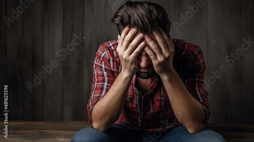 Portrait Stressed man Facing Mental Health Struggles,hands on face , Emotional guy