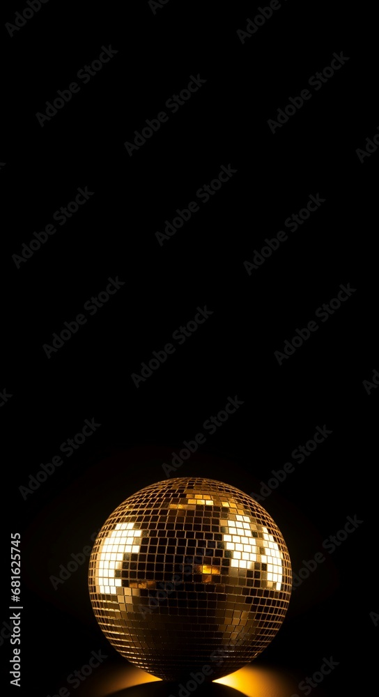 Obraz premium Golden disco ball on black background banner. Shiny glitter reflective night party sphere. Generate ai