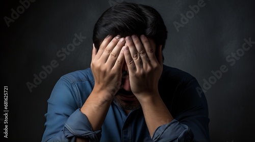 Portrait of Despair: Stressed man Facing Mental Health Struggles,hands on face , Emotional Image photo