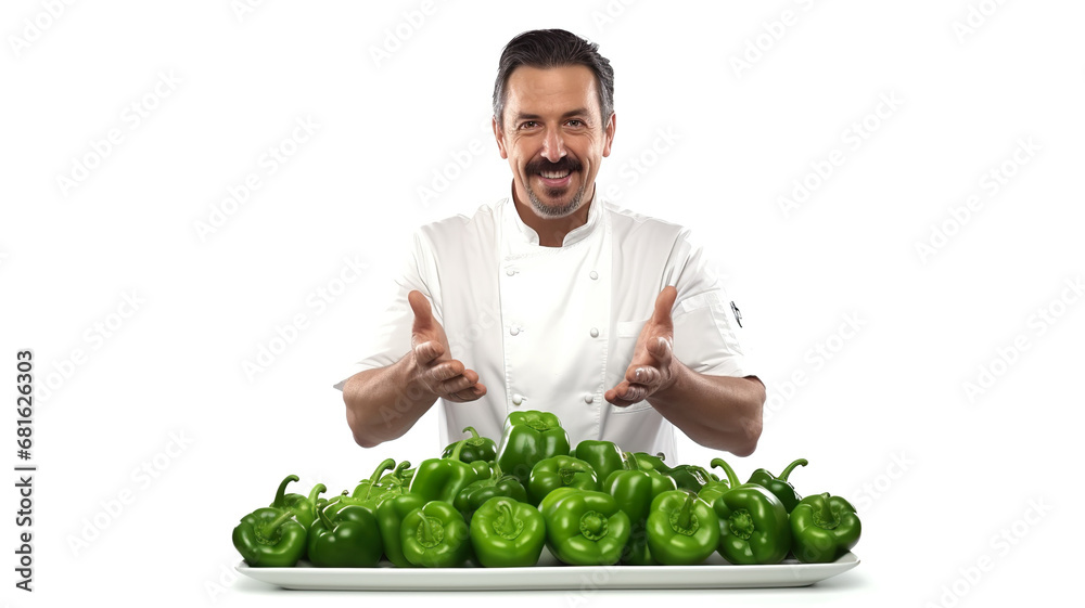 Green pepper and a professional chef isolated on a white background Green pepper and a professional chef isolated on a white background
