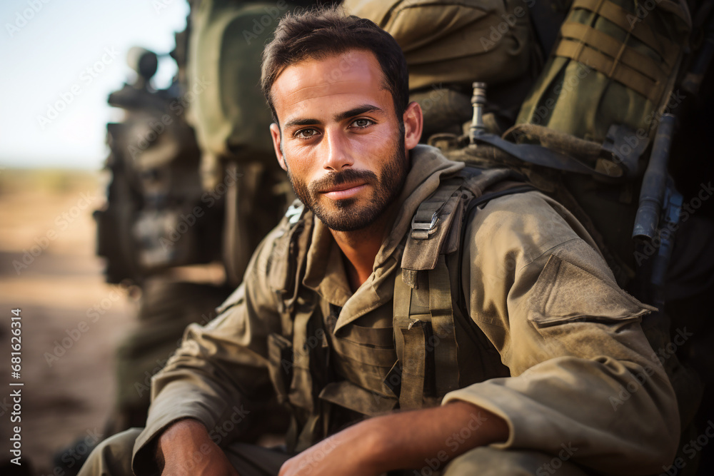 Israeli soldier. A handsome, courageous face, smiling, looking at the camera, sits against the background of military equipment. Outdoors. Portrait, close-up. Generative AI.