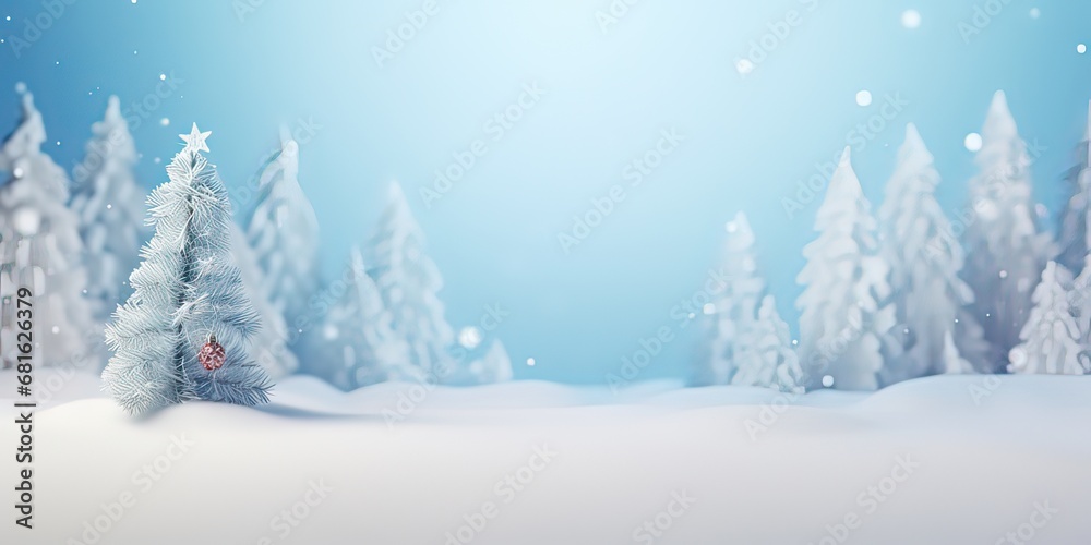 Christmas and pine trees made with white snow under snowfall on icy blue background, Decoration for winter season celebrations, greeting card with copy space