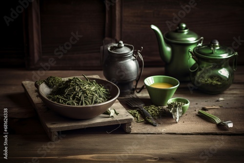 Green Japanese tea cups and teapot. Natural leaves infusion hot beverage. Generate ai