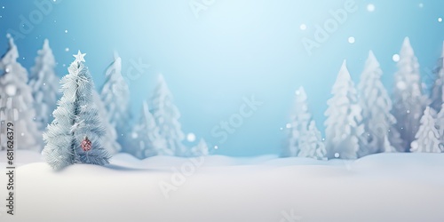 Christmas and pine trees made with white snow under snowfall on icy blue background, Decoration for winter season celebrations, greeting card with copy space © Eli Berr
