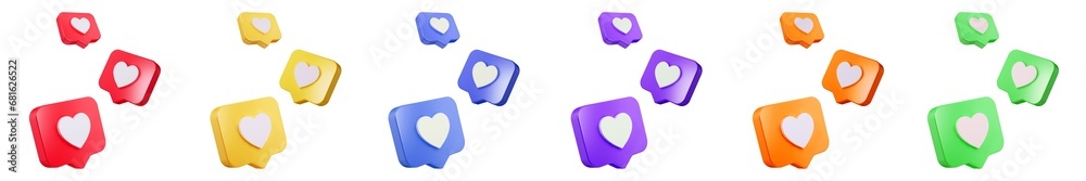 Heart in speech bubble multicolored icons isolated on empty background. Love like heart social media notification icon. Emoji, chat and Social Network. 3d rendering, 3d illustration Heart in speech bubble multicolored icons isolated on empty background. Love like heart social media notification icon. Emoji, chat and Social Network. 3d rendering, 3d illustration
