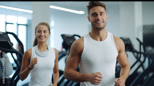 A young athletic pair doing cardio in a modern gym, isolated on a pure white background.