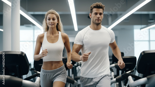A young athletic pair doing cardio in a modern gym, isolated on a pure white background.