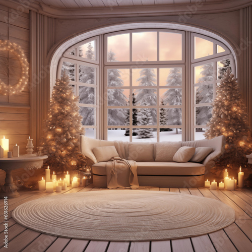 Cosy linving room with large window and sofa, winter mood, christmas feeling photo