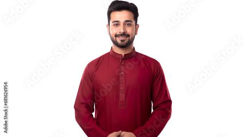 Pakistani man dressed in traditional attire Isolated salwar kameez on a pristine white background photo