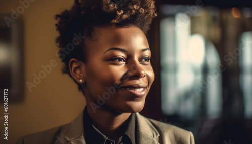 Young African American woman smiling confidently in professional office setting generated by AI
