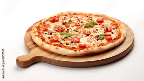 Pizza with peppers and tomatoes, as well as pizza pieces, are available on the board.
