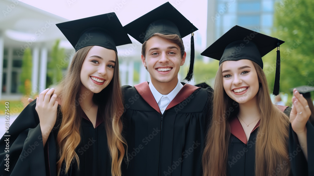 Three happy graduating mates are depicted in an isolated portrait against a stark white background. Three happy graduating mates are depicted in an isolated portrait against a stark white background.