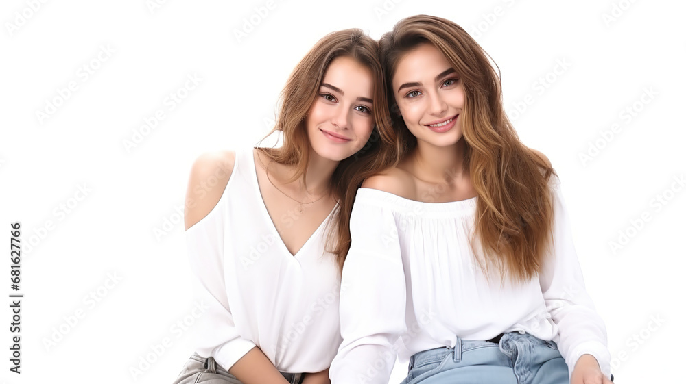 Partners of attractive girls taking a solitary photo against a stark white background Partners of attractive girls taking a solitary photo against a stark white background