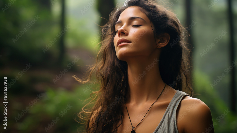 Mujer meditando ojos cerrados - Respiración calma silencio - Naturaleza bosque Mujer meditando ojos cerrados - Respiración calma silencio - Naturaleza bosque