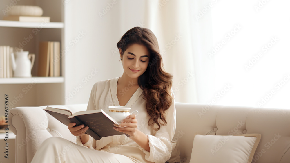Beautiful woman sitting alone on a sofa, reading a book against a stark white background Beautiful woman sitting alone on a sofa, reading a book against a stark white background