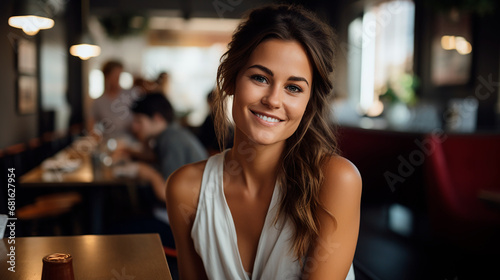 Mujer mirando a camara - Chica primer plano sonriente - Fondo desenfocado restaurante cafeteria - Invierno photo