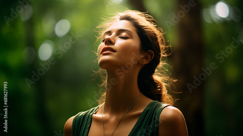 Mujer meditando ojos cerrados - Respiración calma silencio - Naturaleza bosque  photo