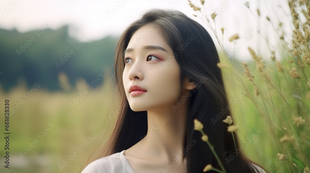 On a stark white background, a lovely Asian girl sits alone and observing the surrounding landscape. On a stark white background, a lovely Asian girl sits alone and observing the surrounding landscape.