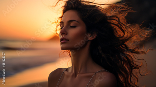 Mujer meditando ojos cerrados - Respiración calma silencio - playa océano naturaleza 