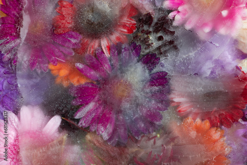abstract colorful art background with summer flowers frozen in ice photo