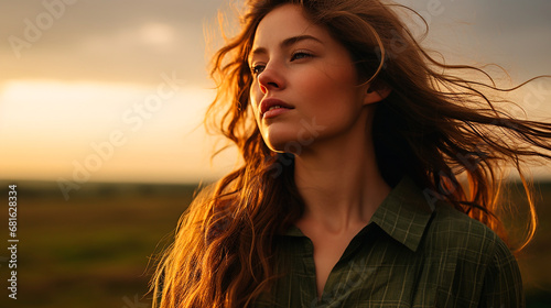 Mujer meditando ojos cerrados - Respiración calma silencio - pradera naturaleza 