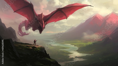a person standing on a cliff looking at a dragon