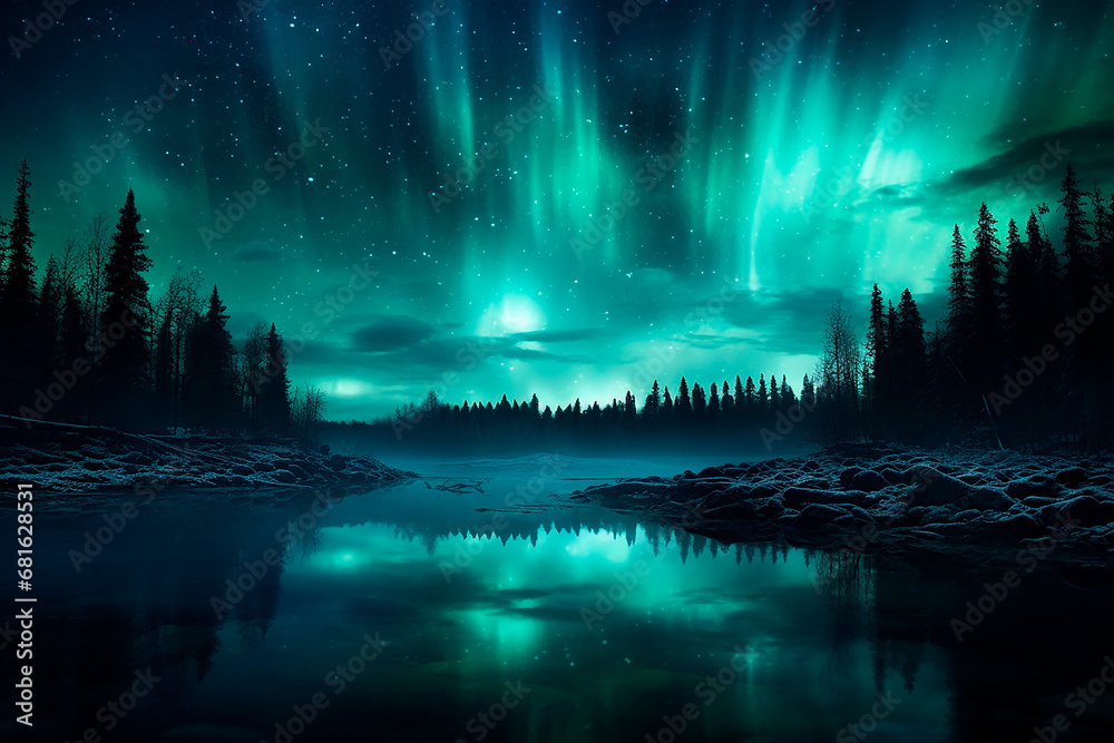 Aurora boreal - Paisaje lago nieve bosque de noche con cielo estrellado - Azul, verde - obrazy, fototapety, plakaty 