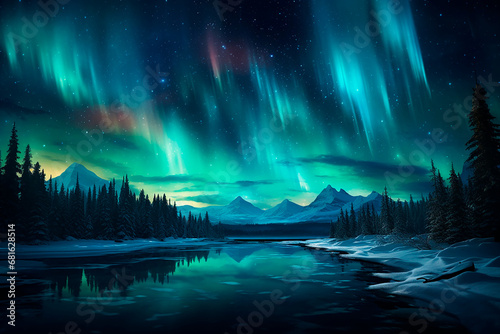Aurora boreal - Paisaje lago nieve bosque de noche con cielo estrellado - Azul, verde © Carmen